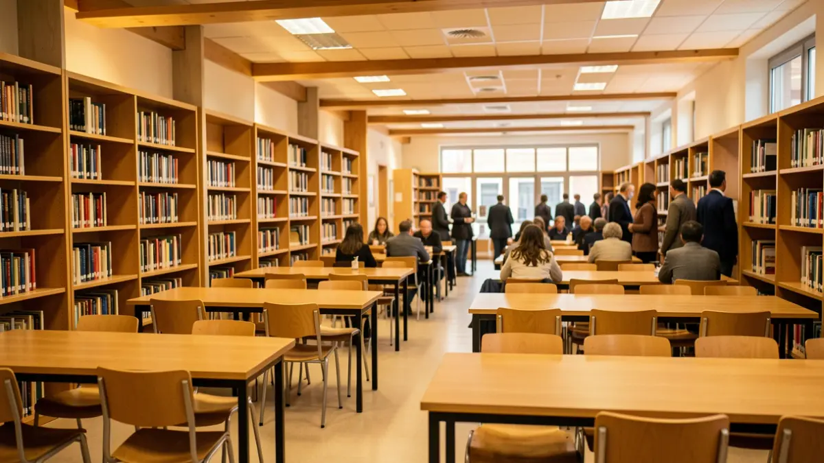Interior de una biblioteca municipal con mesas de estudio y estanterías.