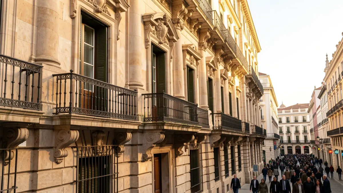 Fachada de un edificio institucional en Madrid durante una tarde soleada.