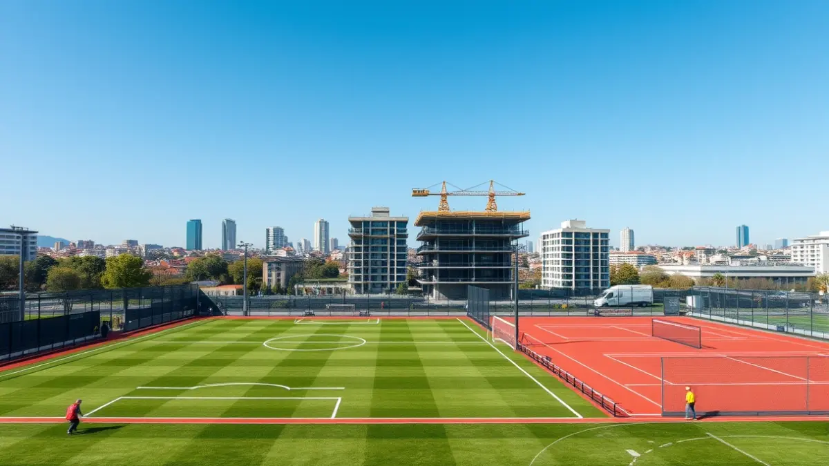 Image of a sports complex under construction with a football field and tennis courts.