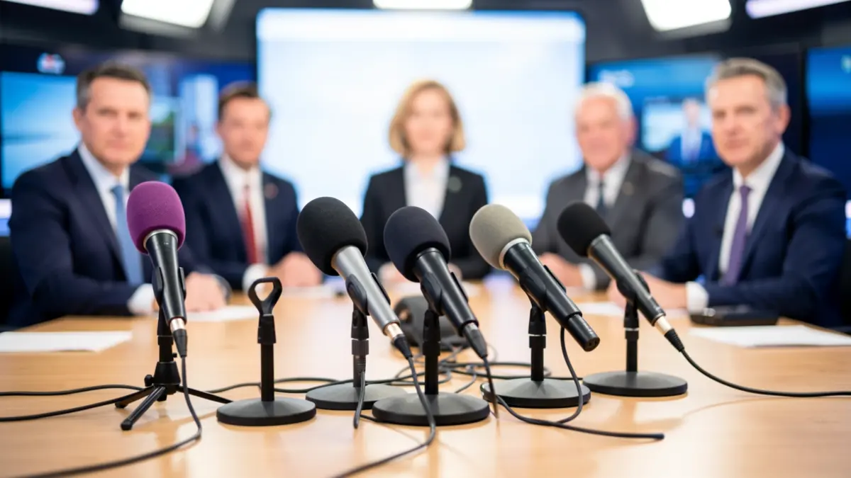 Microphones on a television studio set during a political debate.