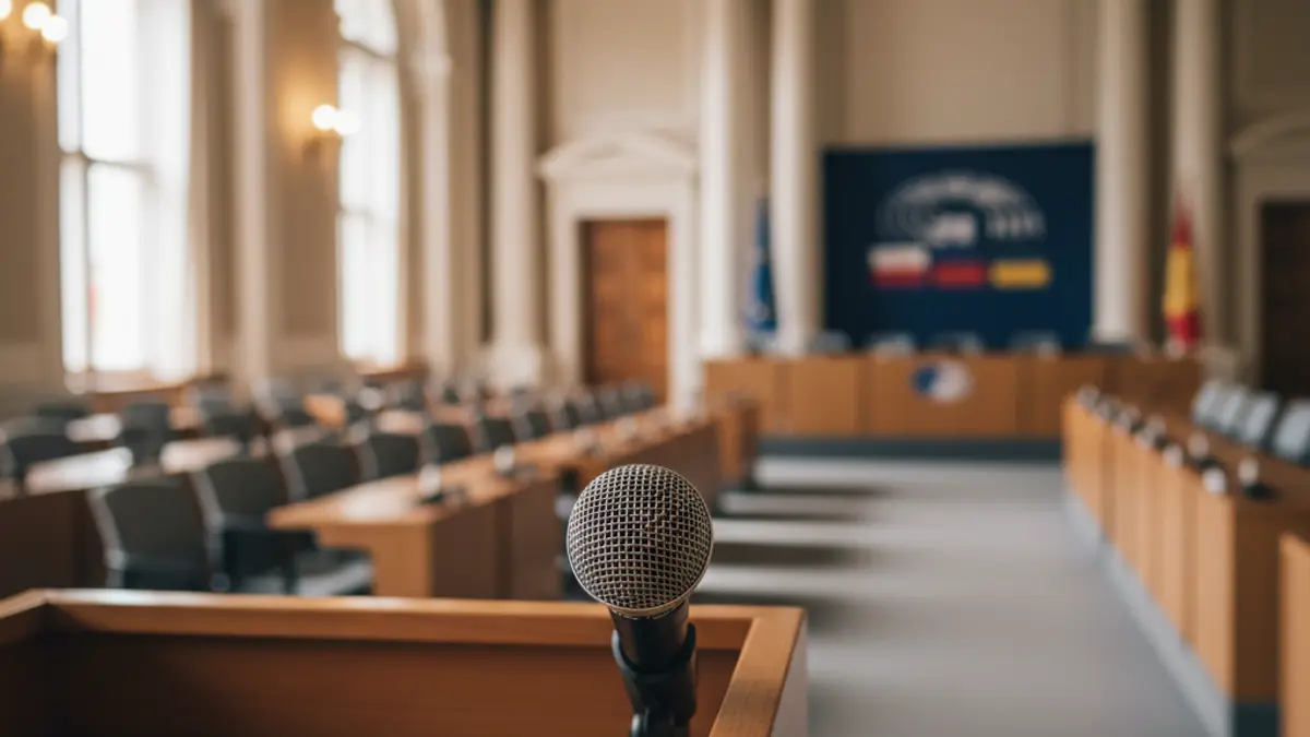 Imagen genérica de un micrófono en un podio durante una rueda de prensa política.