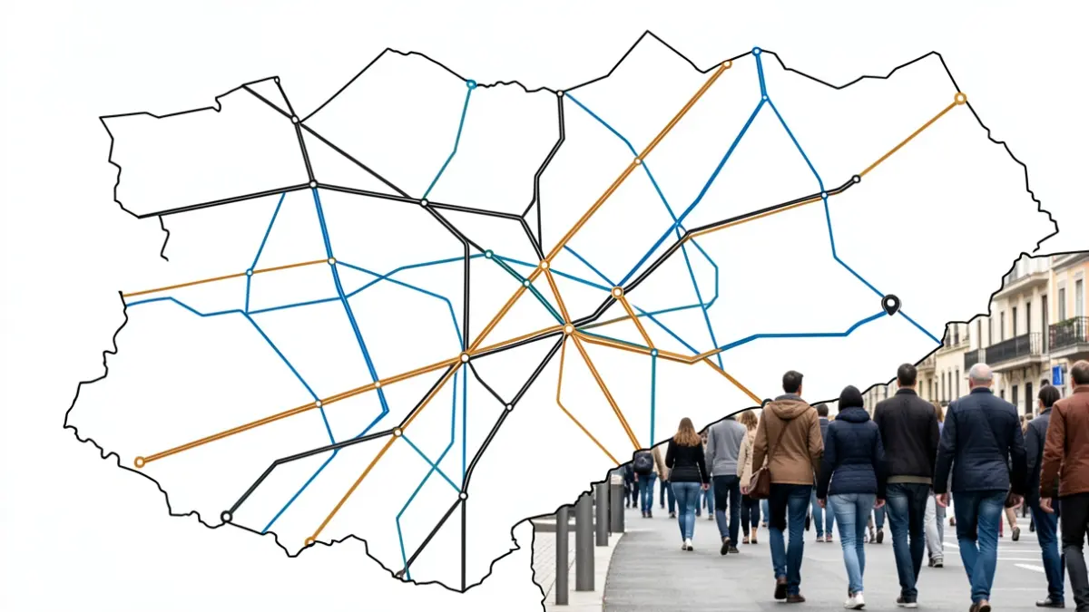 Stylized map of future public transport connections in southern Madrid, with an emphasis on Alcorcón.
