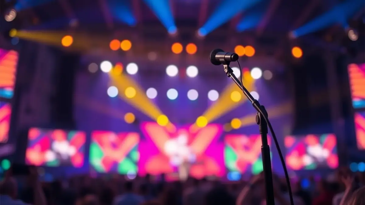 Generic image of a concert stage with vibrant lights and a microphone, evoking a festive atmosphere.