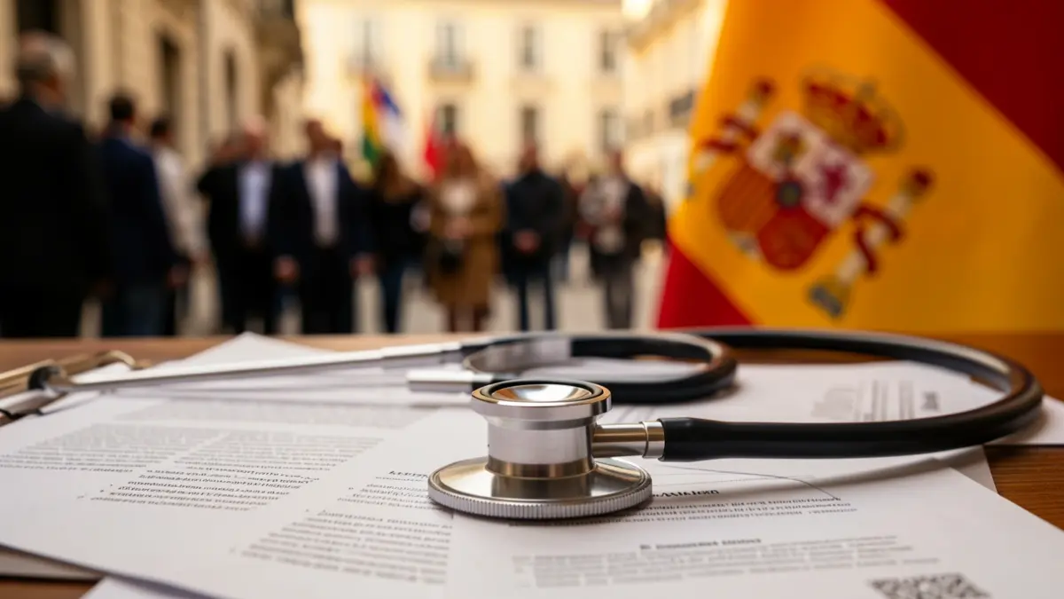 Generic image of a stethoscope on official documents and a Spanish flag.