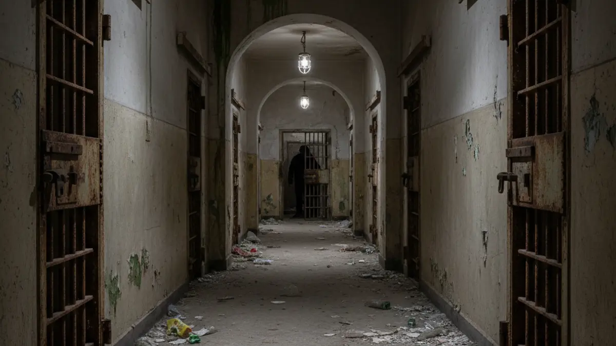 Image of a dimly lit prison corridor with cells, symbolizing overcrowding and deterioration.