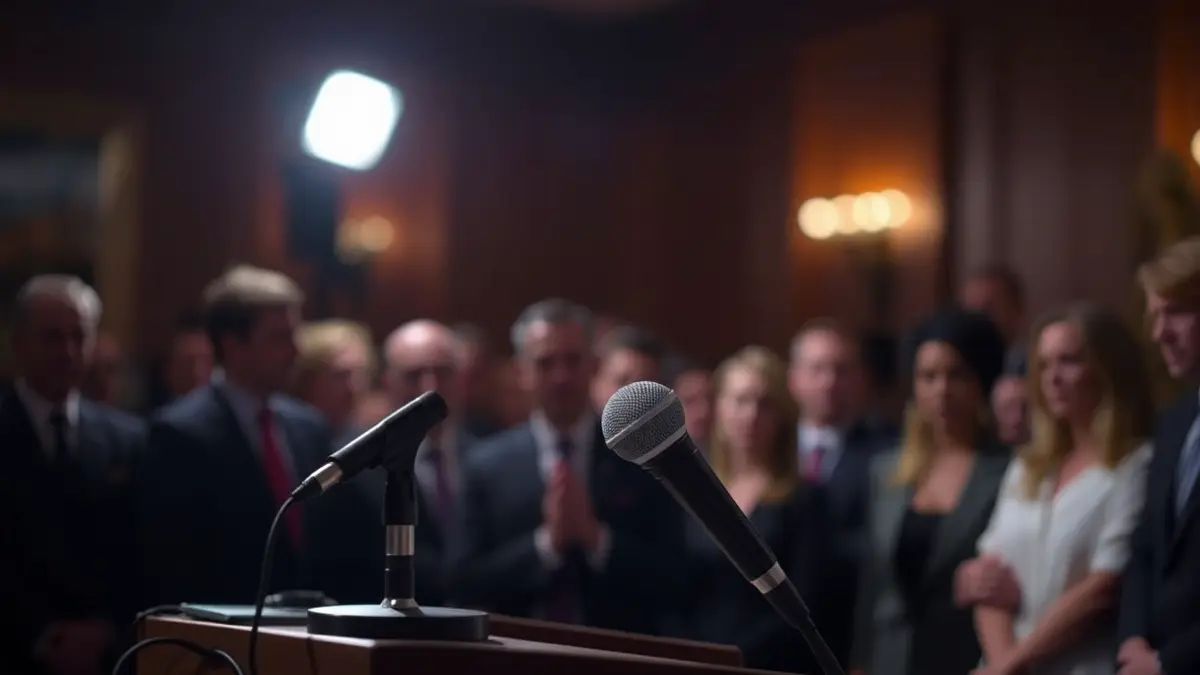 Generic image of a microphone on a podium during a press conference.