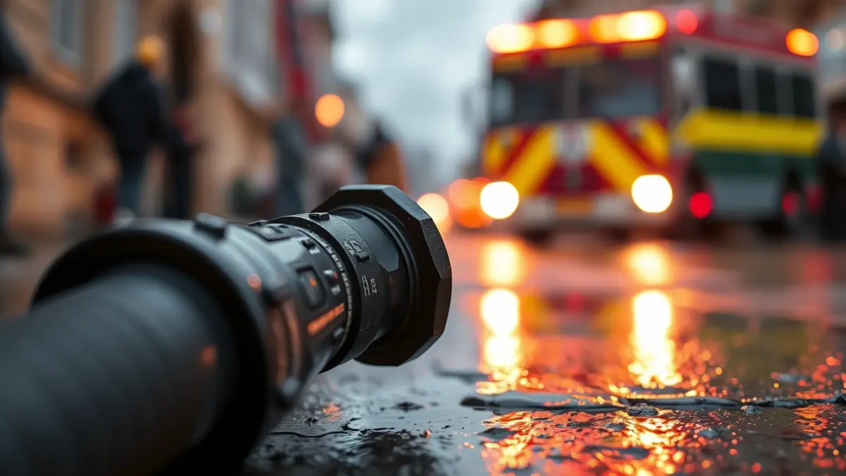 Generic image of a fire hose nozzle on wet ground with blurred emergency lights in the background.