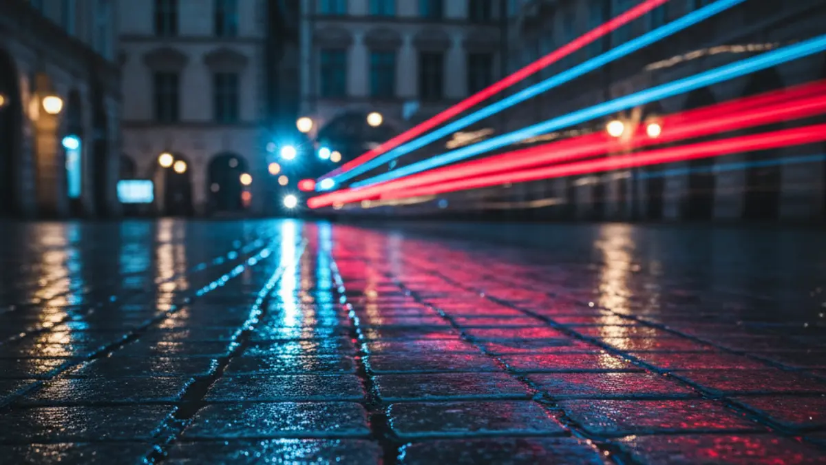 Generic image of emergency lights reflecting on wet asphalt at night.