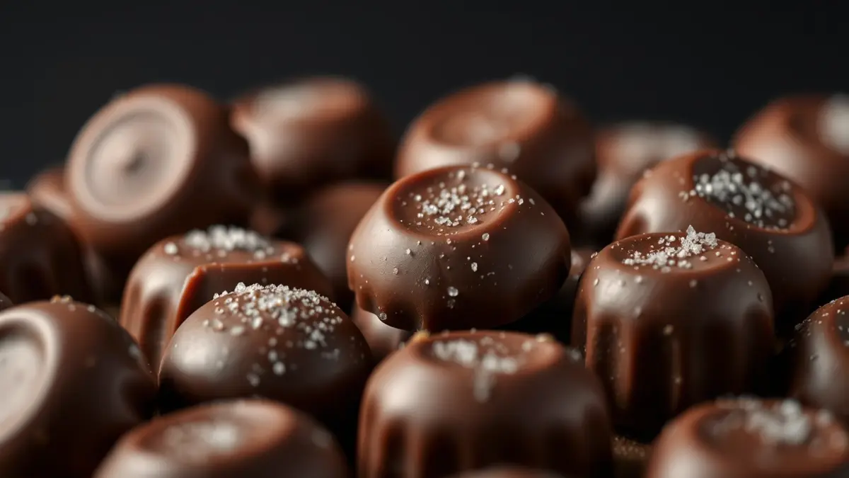 Imagen de bombones de chocolate, algunos con una textura cristalina, sobre un fondo oscuro.