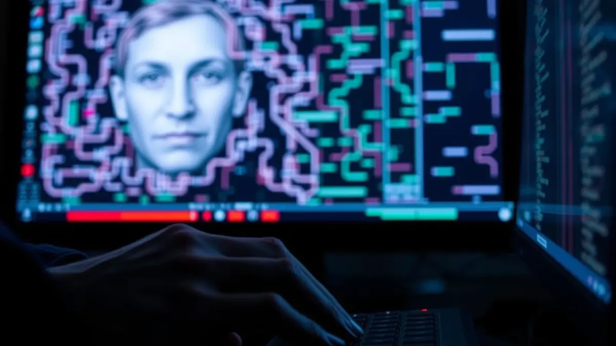 Image of a computer screen with facial recognition software and hands typing
