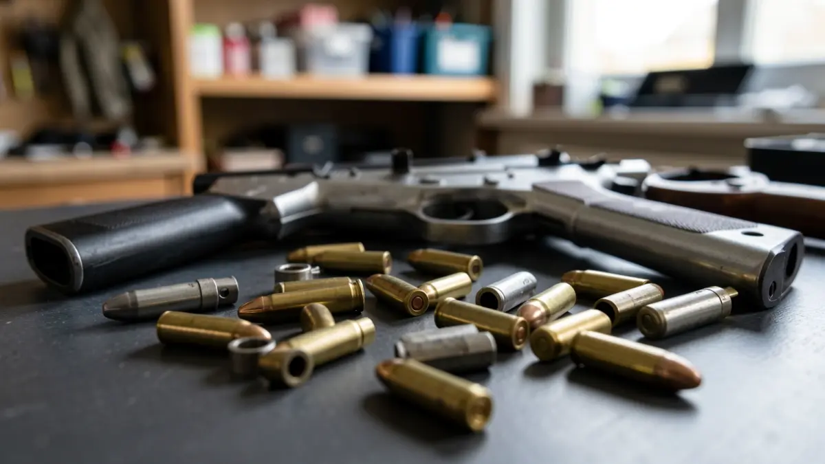 Firearm components and ammunition seized in a police operation.