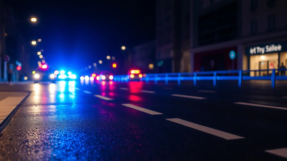 Generic image of police emergency lights reflecting on wet asphalt.