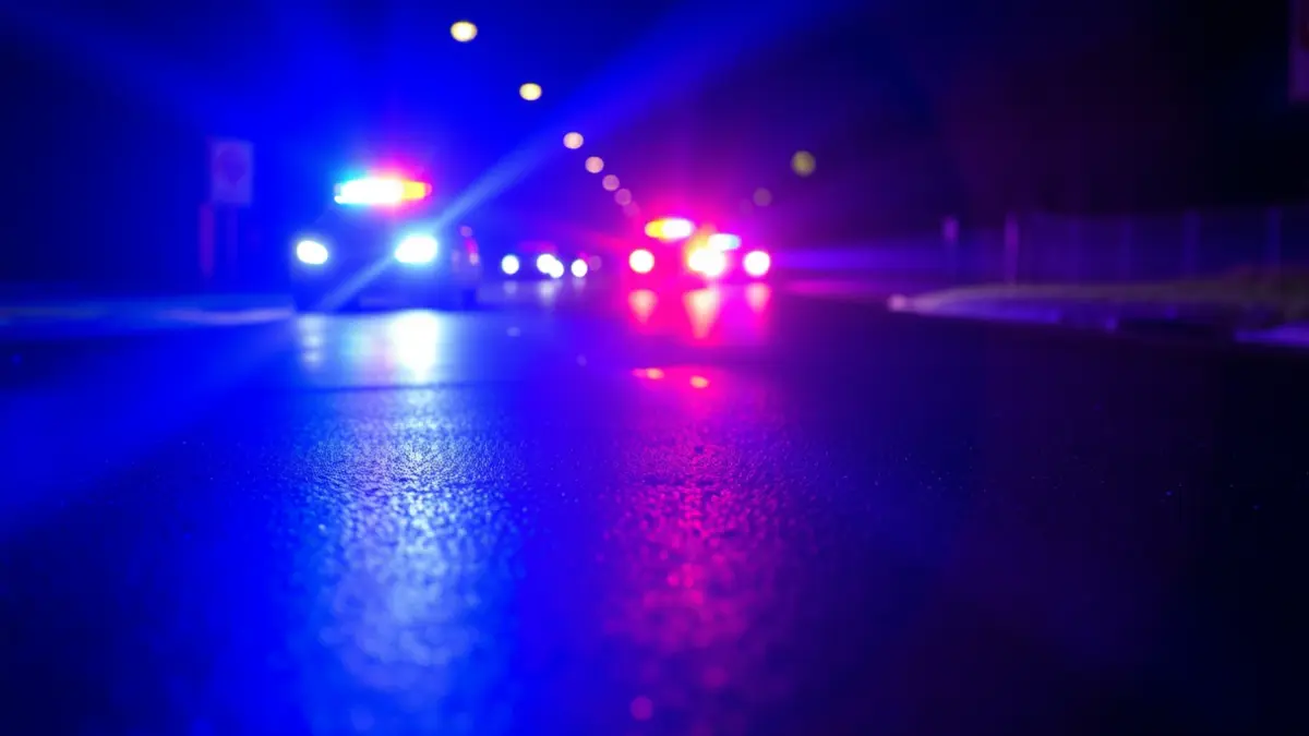Imagen genérica de luces de emergencia policiales reflejadas en el asfalto mojado durante la noche.