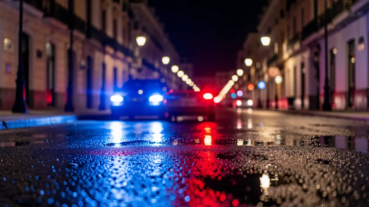Generic image of police emergency lights reflected on asphalt at night.