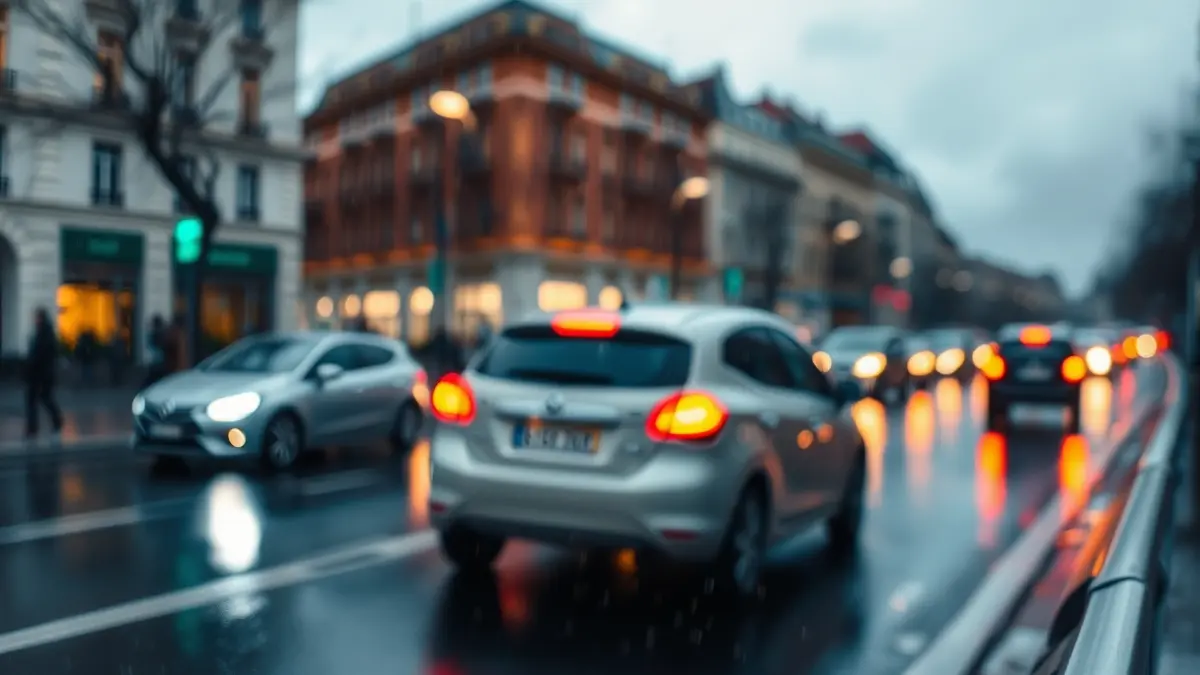 Imagen genérica de una calle urbana lluviosa con luces de coches borrosas.