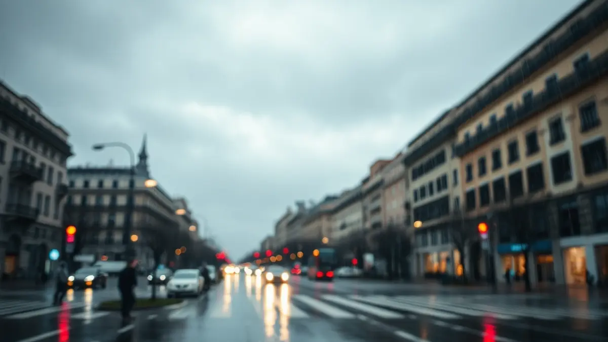 Imagen genérica de un día nublado y lluvioso en una ciudad, con calles mojadas y luces reflejadas.