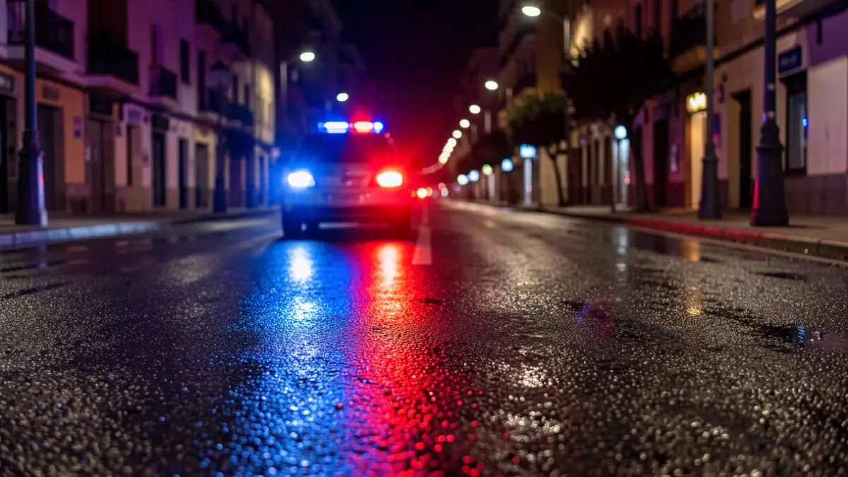Generic image of police emergency lights reflected on asphalt at night.