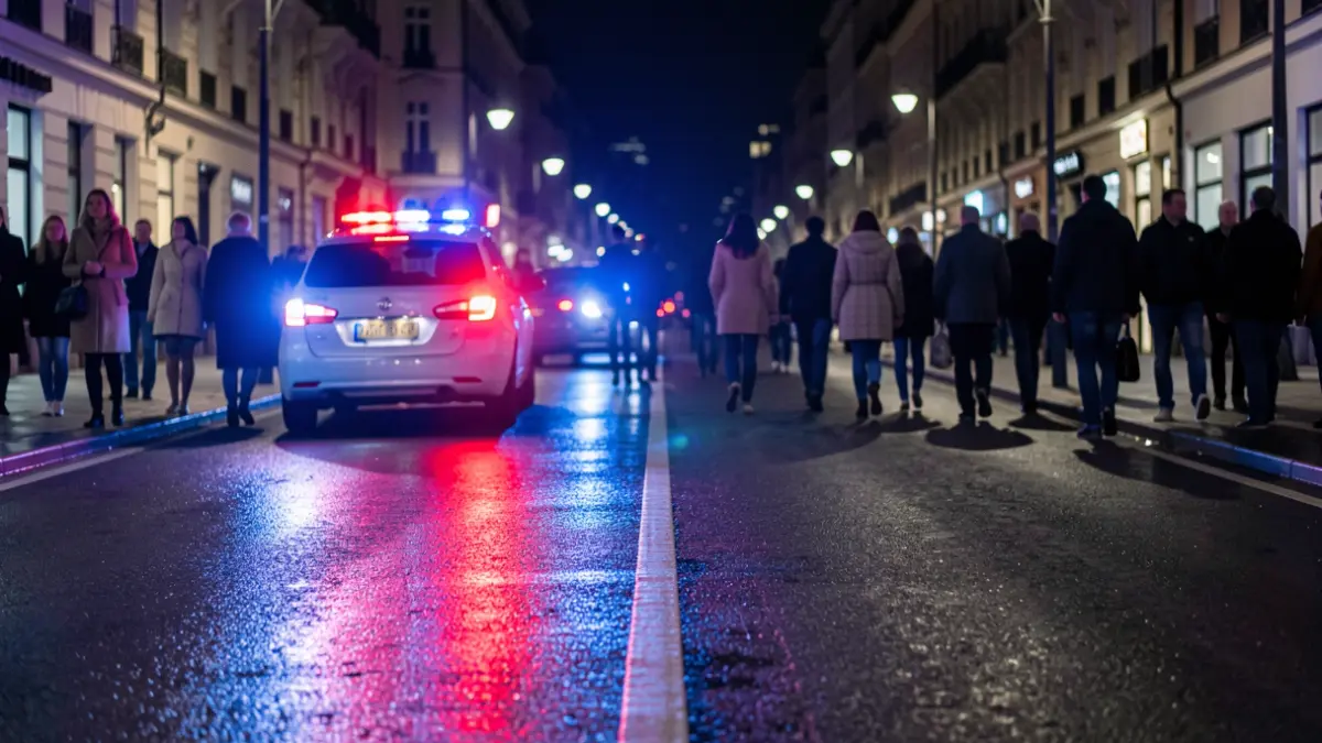 Imagen genérica de luces de emergencia policiales reflejándose en el asfalto mojado por la noche.