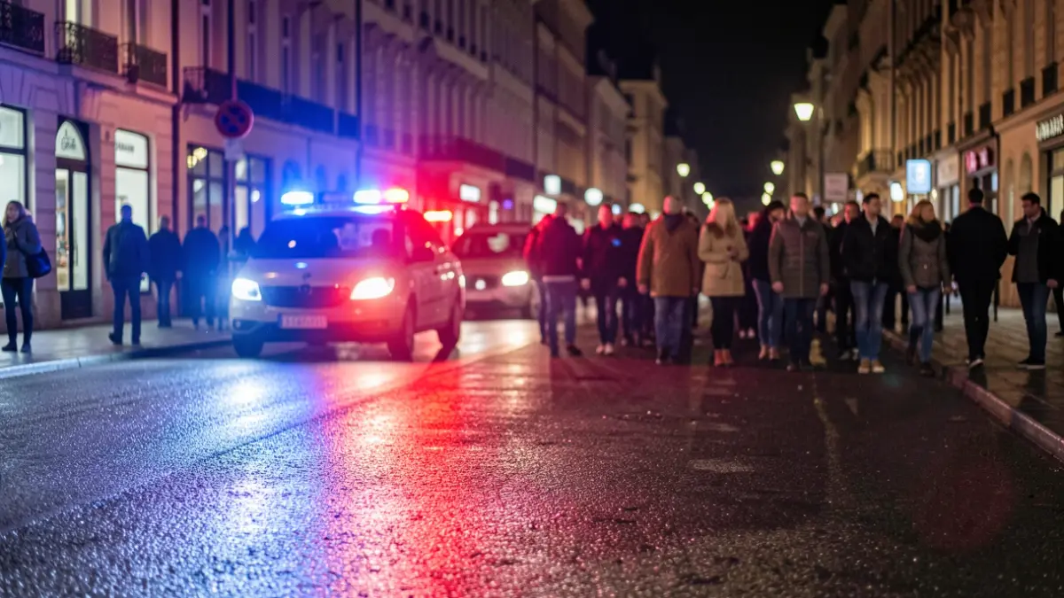 Imagen genérica de luces de emergencia policiales reflejándose en el asfalto mojado por la noche.