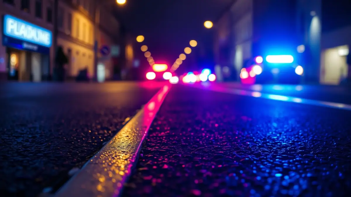 Generic image of police emergency lights reflecting on wet asphalt.