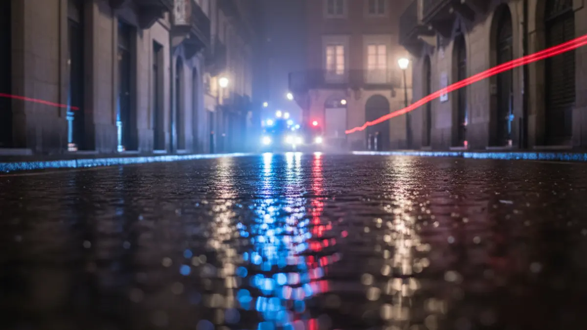 Generic image of emergency lights reflected on wet asphalt.