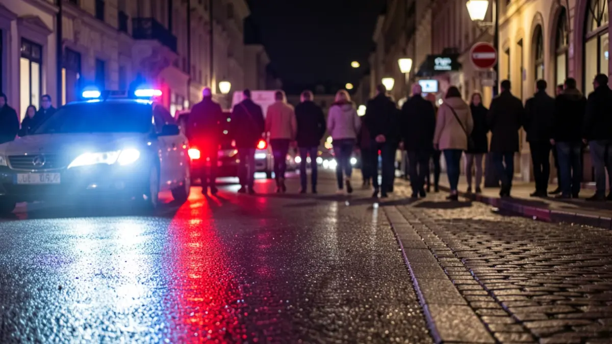 Generic image of police emergency lights reflecting on wet asphalt at night.