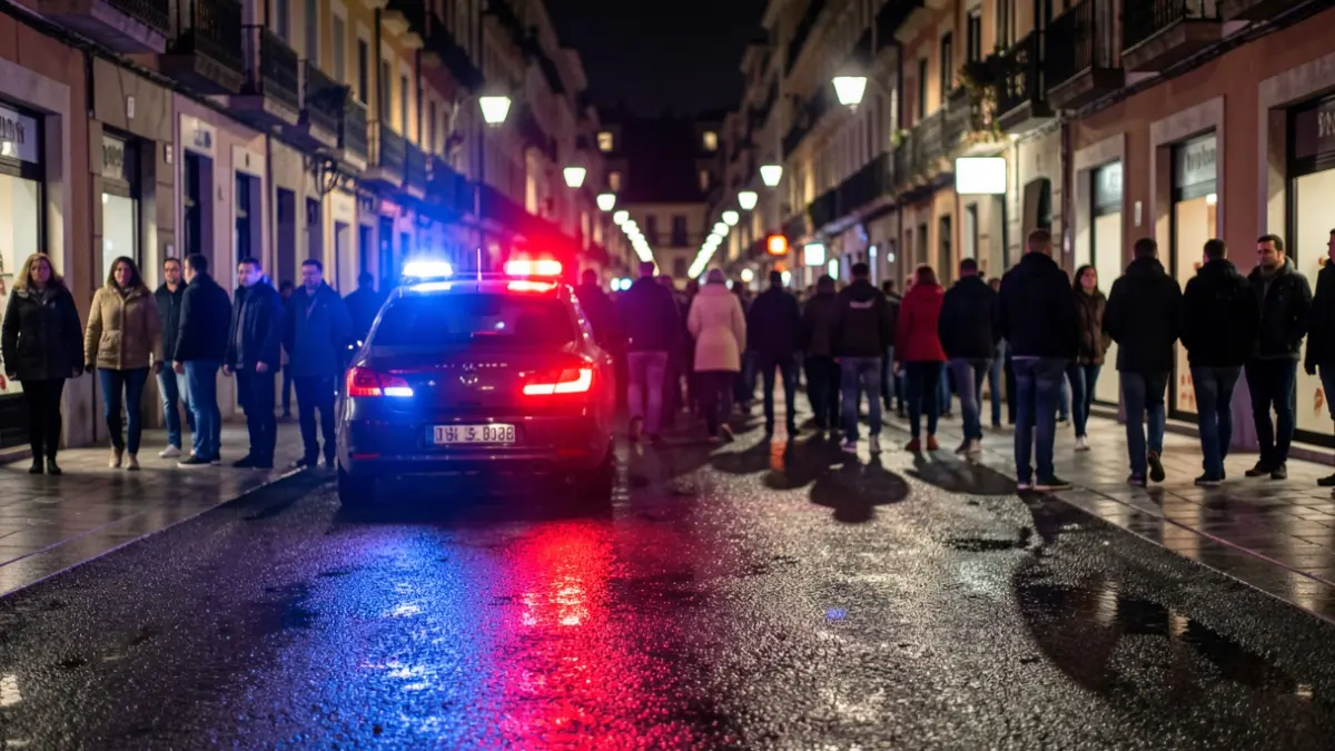 Imagen genérica de luces de emergencia policiales reflejándose en el asfalto mojado por la noche.