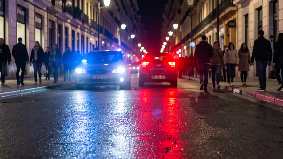 Imagen genérica de luces de emergencia policiales reflejándose en el asfalto mojado por la noche.