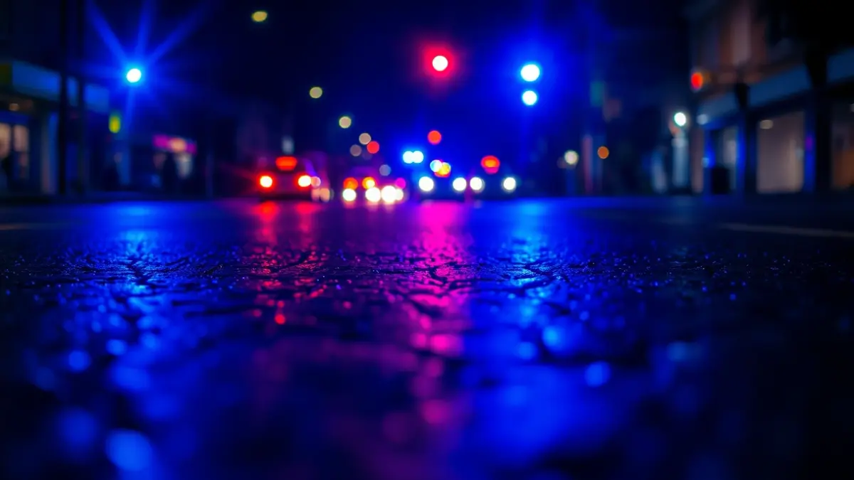 Imagen genérica de luces de emergencia reflejadas en el asfalto mojado por la noche.