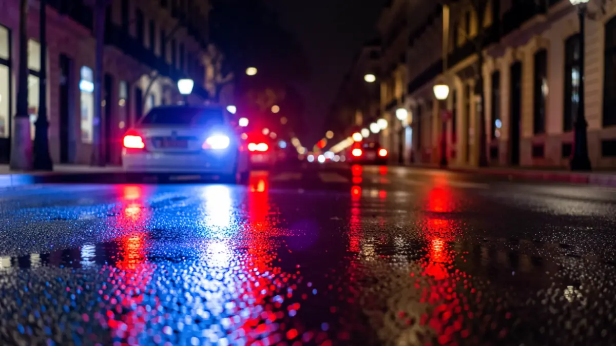 Generic image of police emergency lights reflecting on wet asphalt at night.