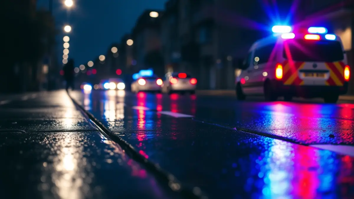 Generic image of emergency lights reflecting on wet asphalt at night.