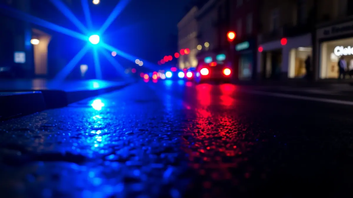 Generic image of emergency lights reflecting on wet asphalt at night.