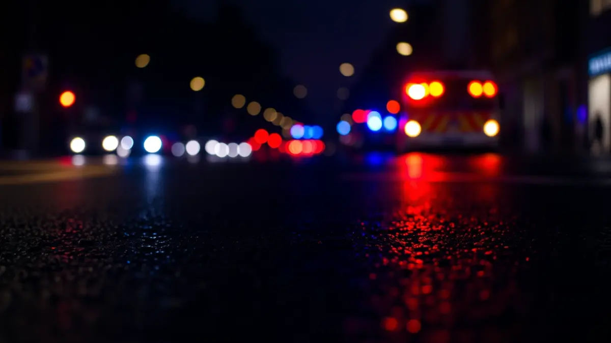 Generic image of police emergency lights reflecting on wet asphalt.