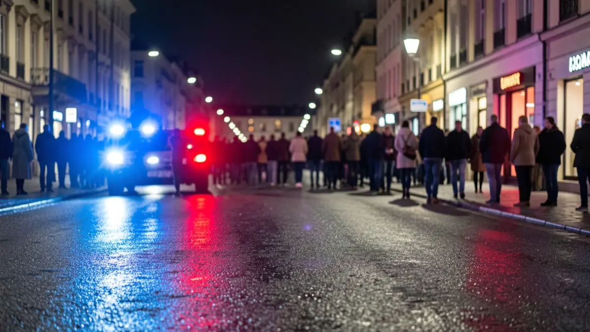 Imagen genérica de luces de emergencia policiales reflejándose en asfalto mojado por la noche.