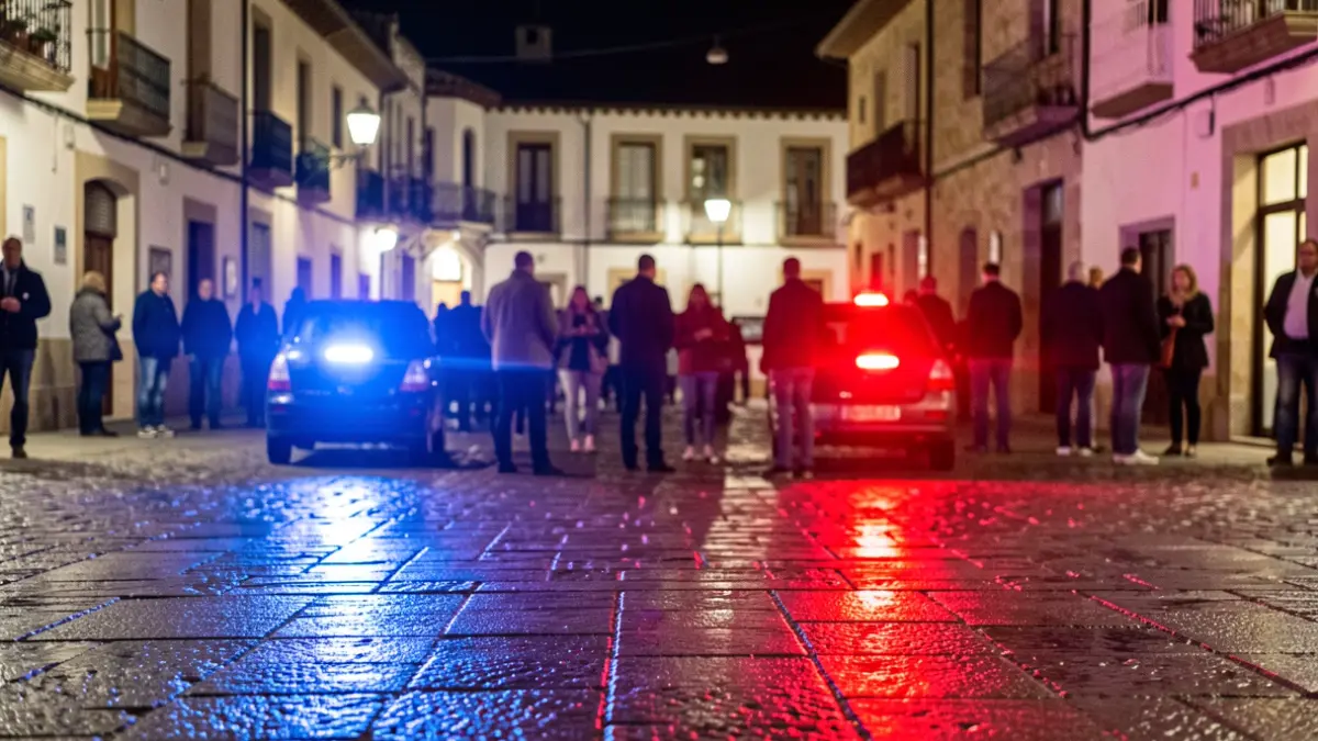 Imagen genérica de luces de emergencia policiales reflejándose en el asfalto mojado por la noche.