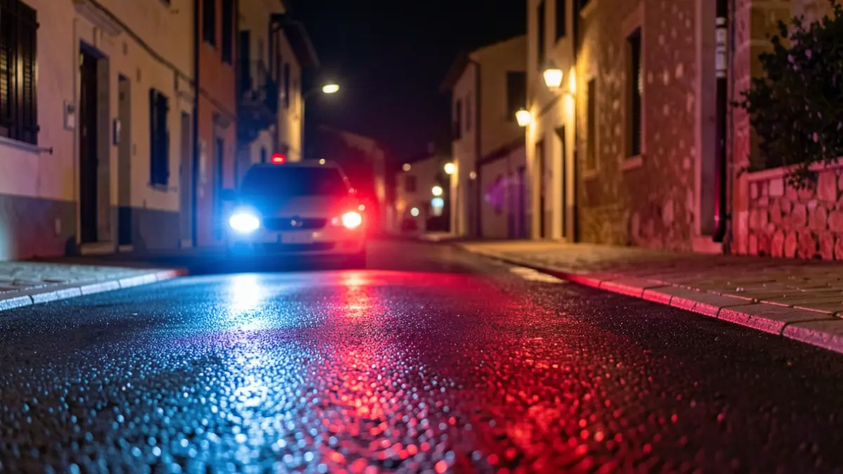 Imagen genérica de luces de emergencia policiales reflejadas en el asfalto durante la noche.