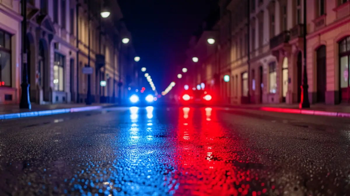 Generic image of police emergency lights reflecting on wet asphalt at night.