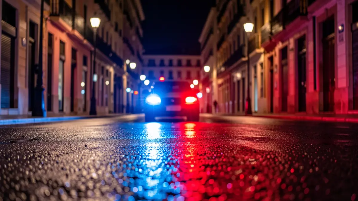 Generic image of police emergency lights reflecting on wet asphalt at night on a street in Madrid.
