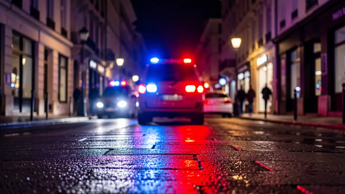 Imagen genérica de luces de emergencia policial reflejadas en el asfalto durante la noche.