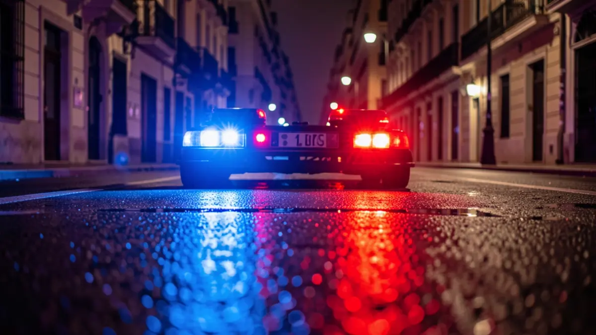 Imagen genérica de luces de emergencia policiales reflejándose en el asfalto mojado por la noche en una calle urbana.