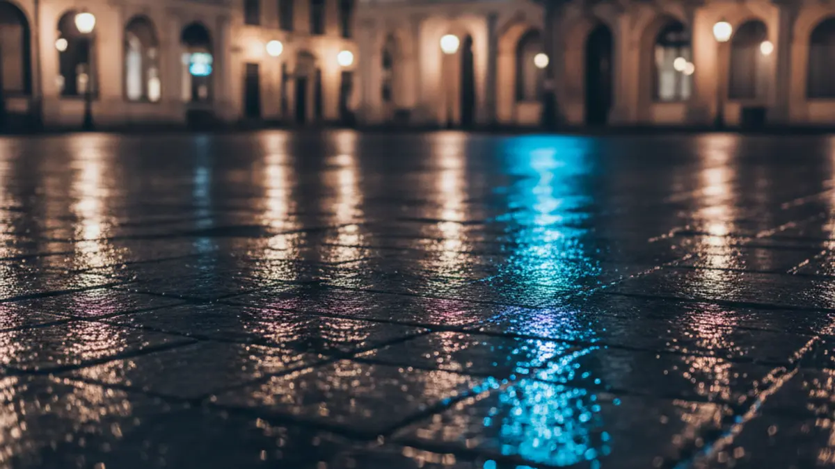 Imagen genérica de luces de emergencia en una plaza histórica por la noche.