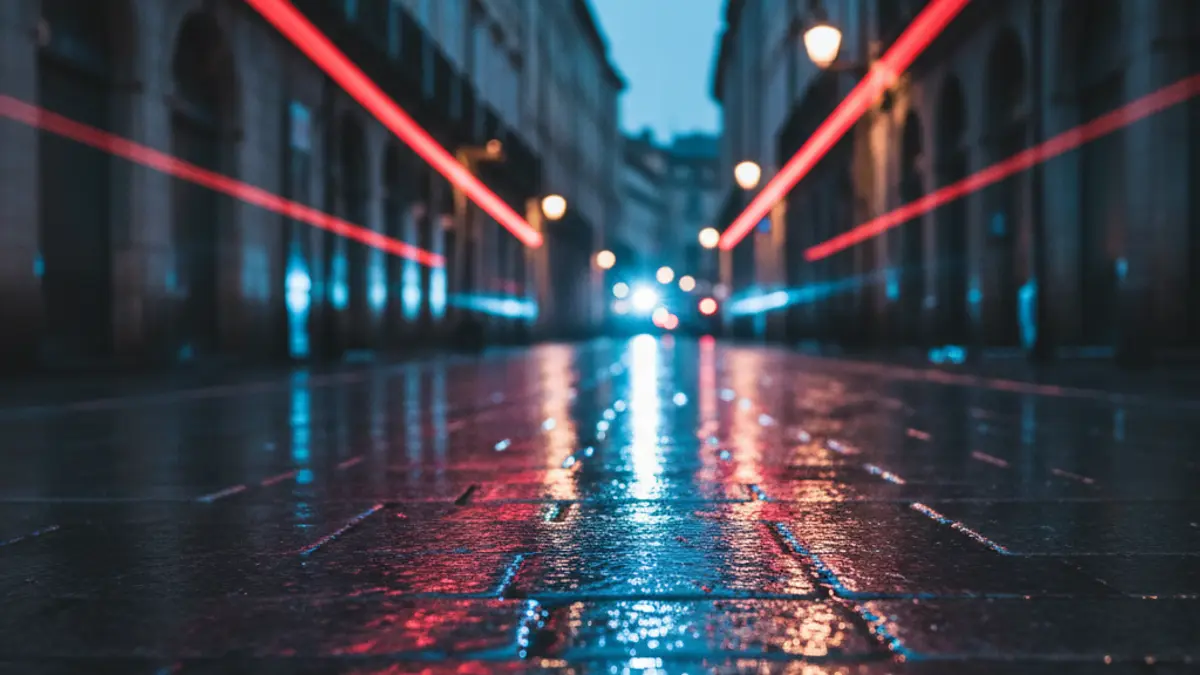 Generic image of police emergency lights reflected on wet asphalt.