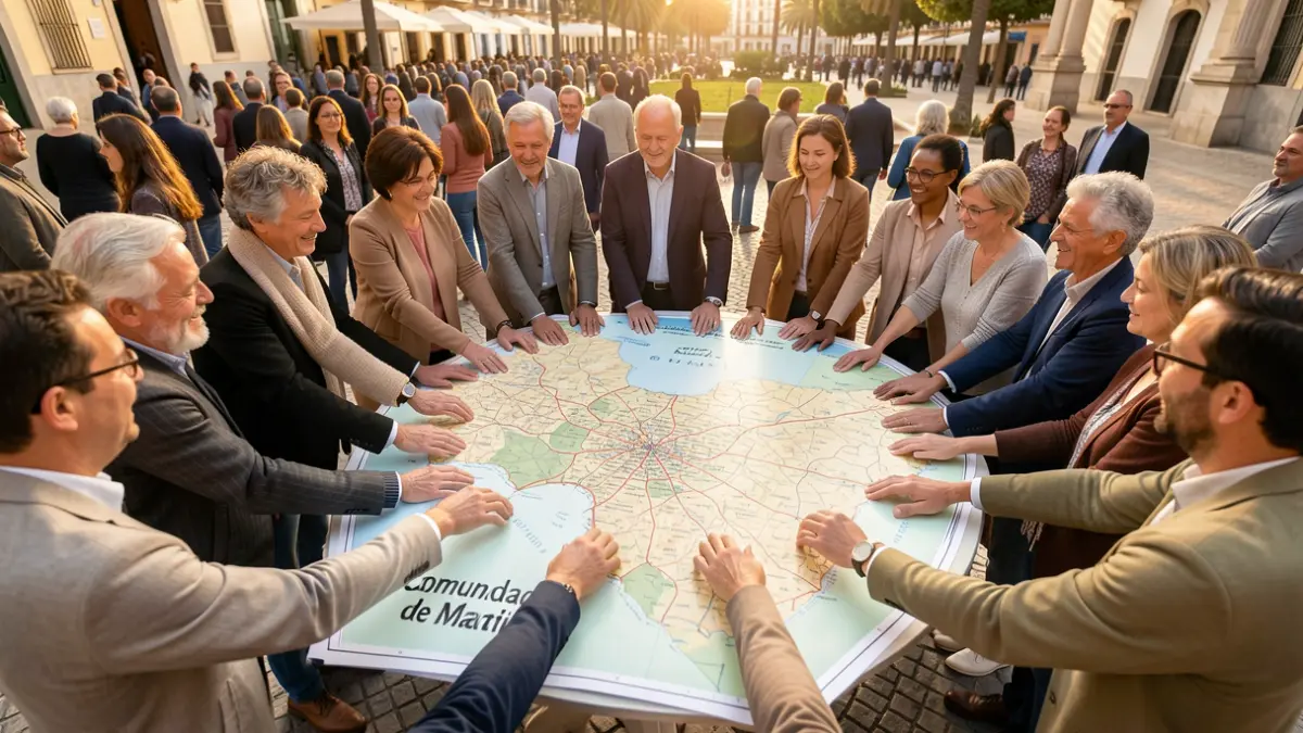 Hands of different people joining together to form a circle over a map of the Community of Madrid.