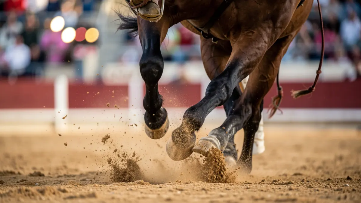 Close-up of a rejoneador's horse hooves kicking up dirt in the Las Ventas bullring, with blurred arena lights.
