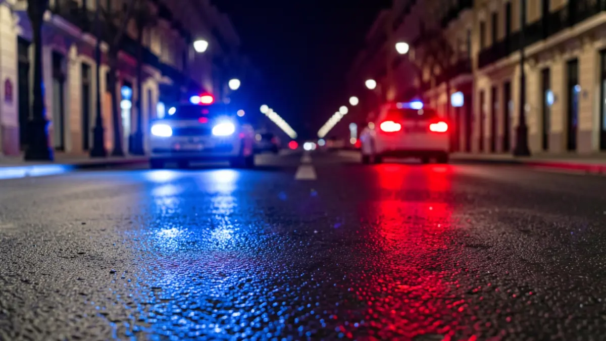 Imagen genérica de luces de emergencia reflejadas en el asfalto durante la noche.