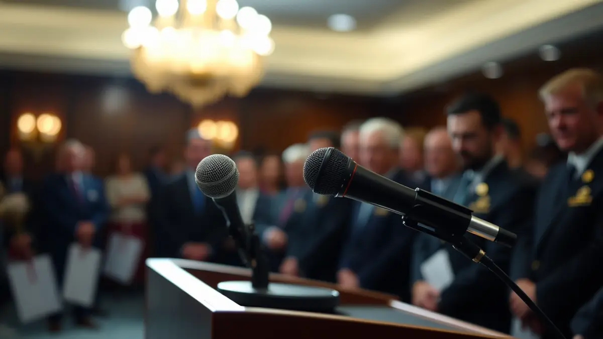 Generic image of a microphone on a podium, symbolizing a political statement.