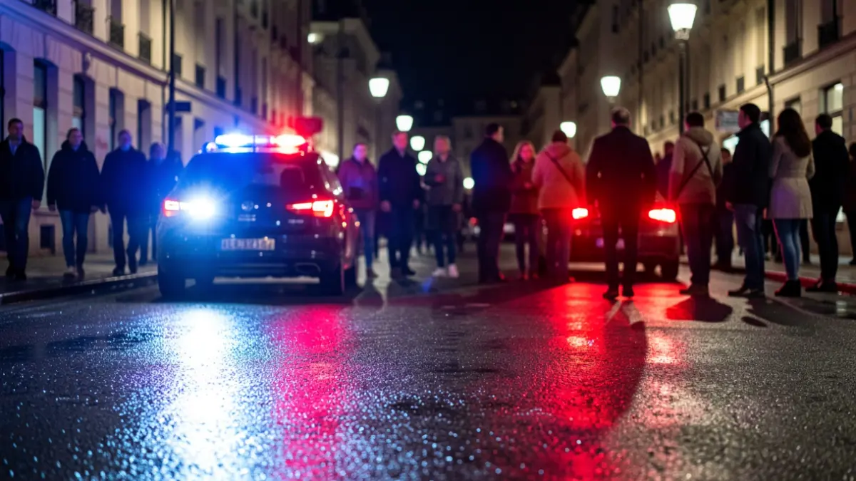 Generic image of police emergency lights reflecting on wet asphalt at night.