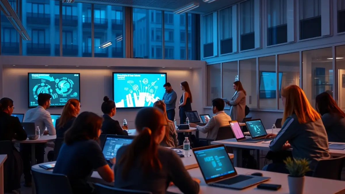 Generic image of a modern classroom with students and teachers using technology.
