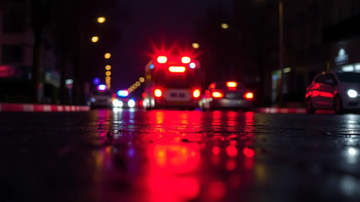 Generic image of emergency lights reflecting on wet asphalt at night.