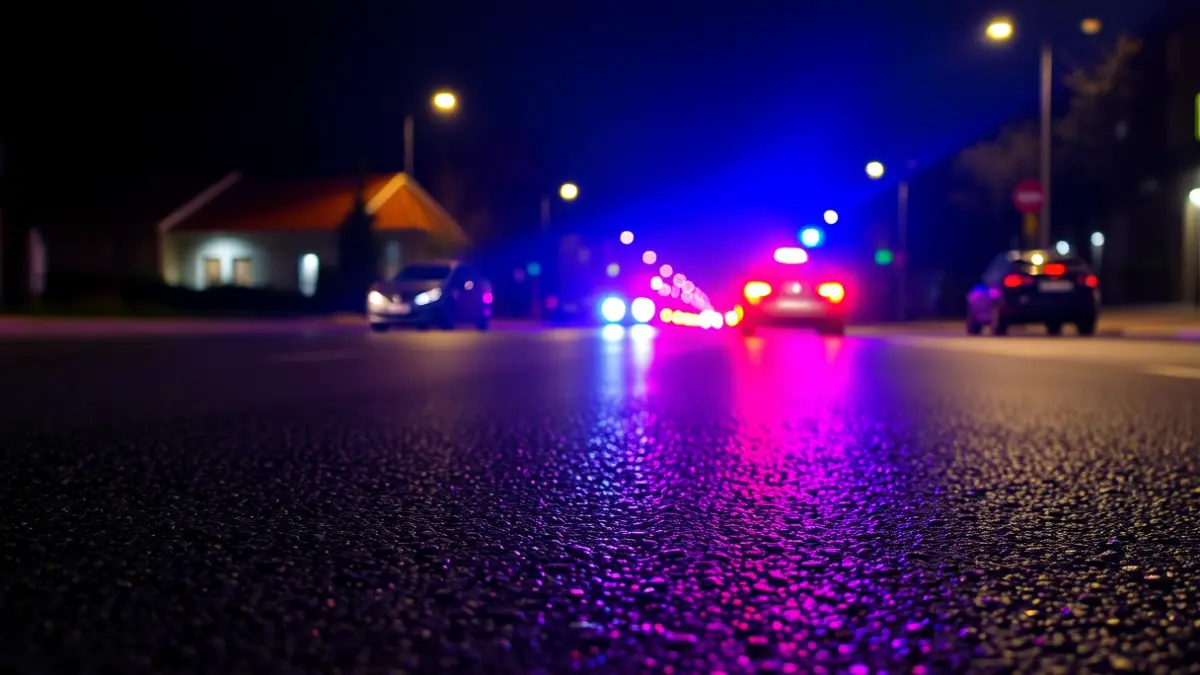 Generic image of emergency lights reflecting on wet asphalt at night.